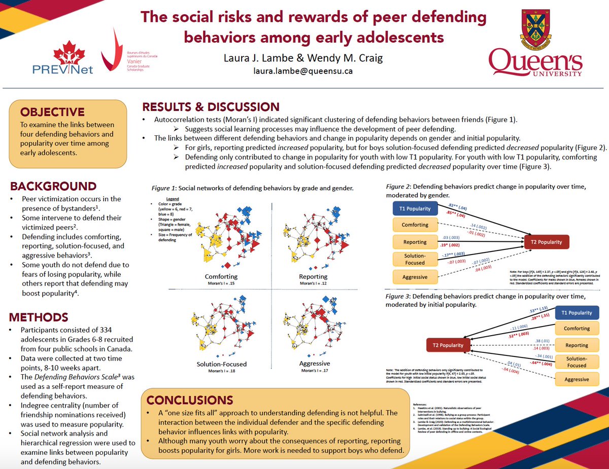 drlauralambe's tweet image. With @SRAdolescence being among the many canceled conferences due to #COVID19, I&apos;ve decided to share my poster here instead! Titled &quot;The social risks and rewards of peer defending behaviours among early adolescents&quot; #AcademicTwitter  @profwendycraig @TheBullyLab