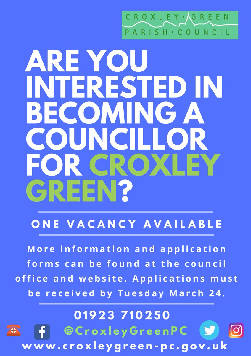 CroxleyGreenPC's tweet photo. Would you like to represent the residents of Croxley Green and help keep it special? Then why not become a Parish Councillor. We have 1 vacancy available. Follow the link to find application forms and how to apply. https://t.co/6GCOZEnjhK https://t.co/b4cZxpJnUs