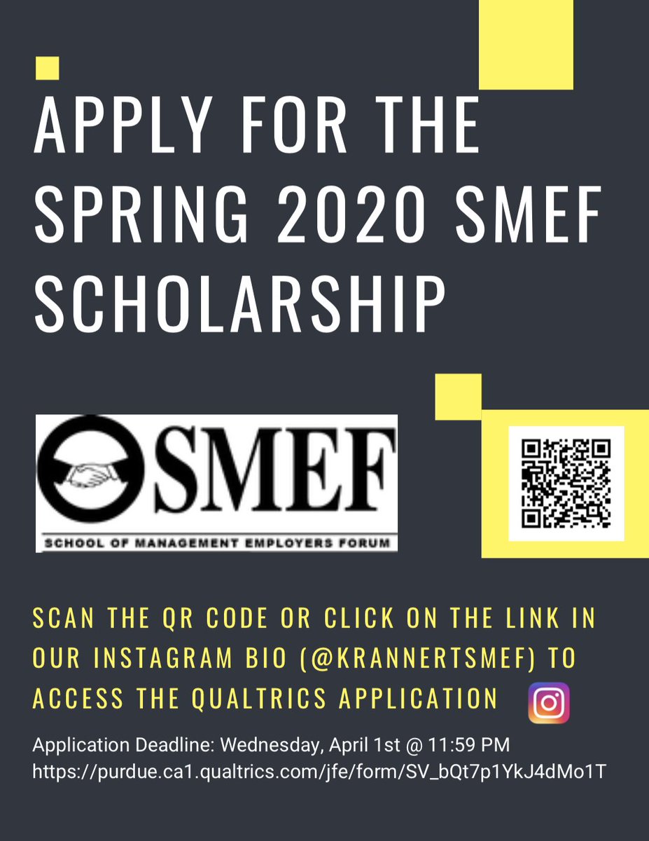 Apply for the Spring 2020 SMEF Scholarship! Apply online through the Qualtrics survey until April 1st @ 11:59PM. You can access the application by scanning the QR code, typing in the link seen at the bottom, or clicking the link in our Instagram bio⚠️