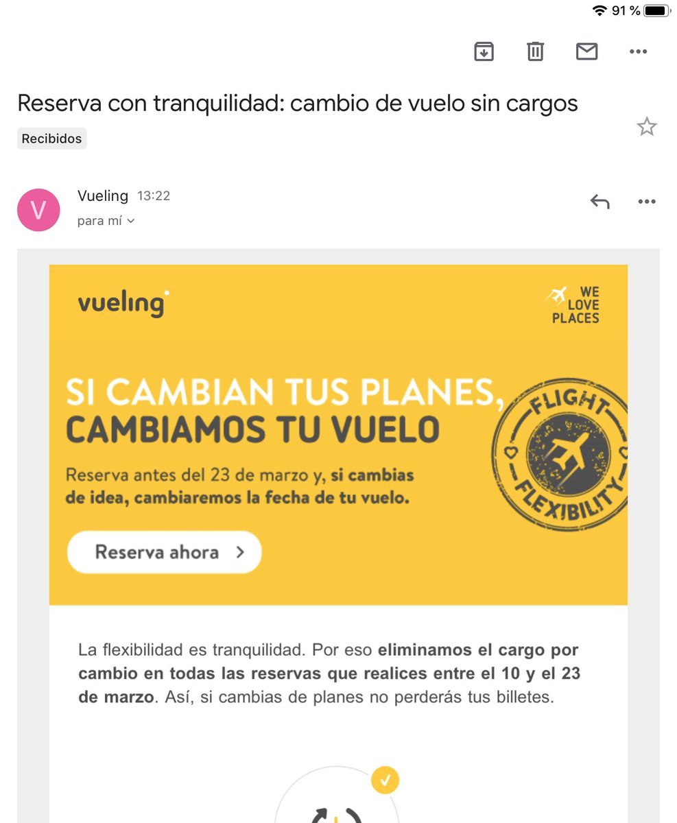 Me parece muy buena esta campaña de #EmailMarketing de <a href="/vueling/">Vueling Airlines</a>, entendiendo la incertidumbre del momento y intentando ayudar al cliente a tomar decisiones dando flexibilidad en las fechas del vuelo.