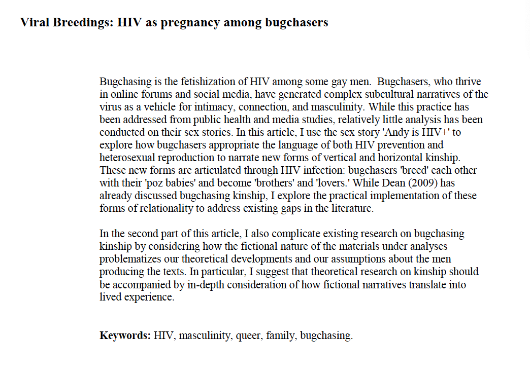 Really happy to have my article "Viral Breedings: HIV as pregnancy among bugchasers" accepted to NORMA for their special issue on Men, Masculinities and Reproduction. Thanks a lot to @BastiMohr for his  support throughout the process! Also thanks to <a href="/PatrickBao1/">Hongwei Bao (he/him)</a> for helping!