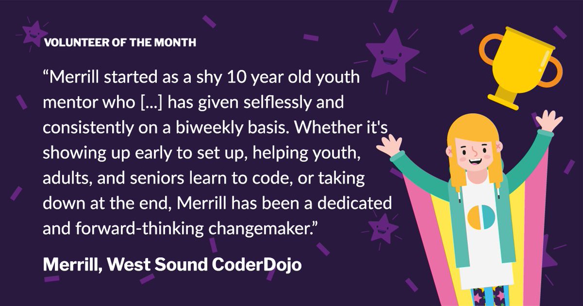 CoderDojo's tweet image. Nominate an inspiring volunteer before Friday and receive some awesome ‘Girls Code the World’ stickers! 😍
This heartwarming nomination from the @WSoundCoderDojo has us feeling super proud of all our #CoderDojoGirls 👧🏻
👉coderdojo.com/2020/01/10/lau…
#IWD2020 #CoderDojoVolunteer