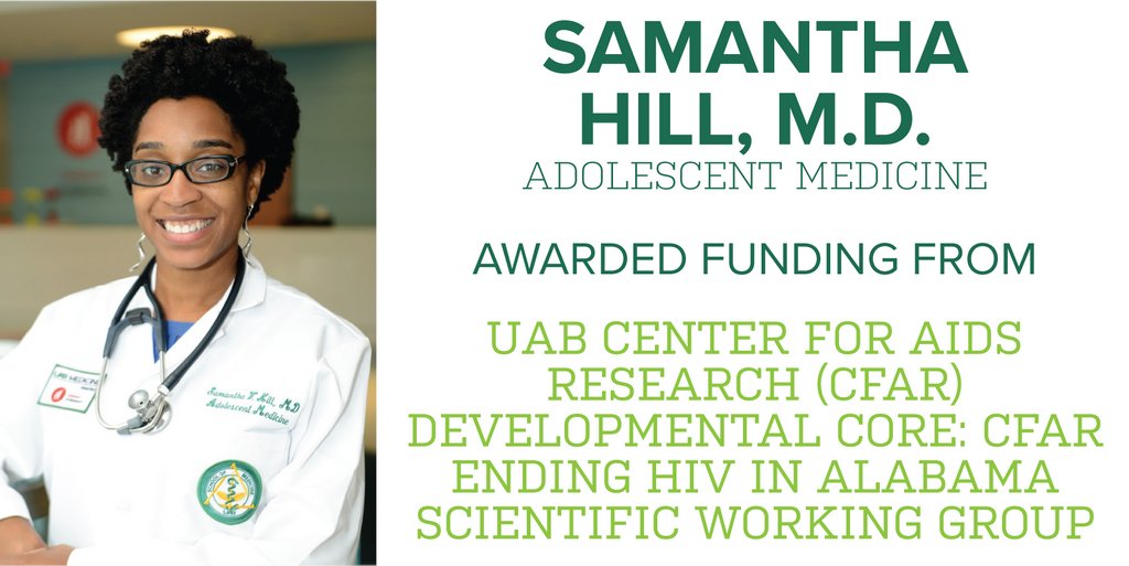 Dr. Samantha Hill #AdolescentMedicine received a grant from @UABCFAR to evaluate the use of parents to assist with adherence to PrEP among adolescents and young adults. Learn more about her grant here go.uab.edu/5xblh