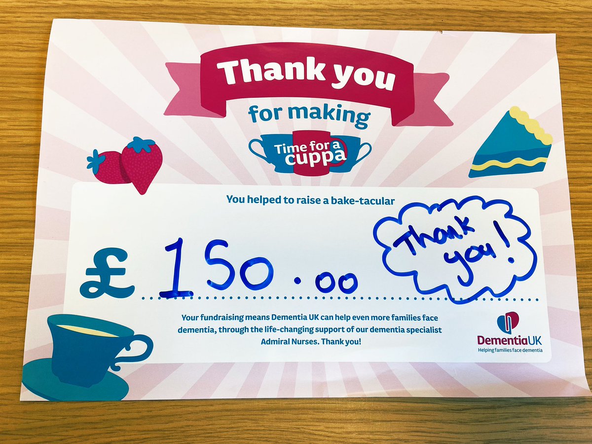 Thank you again @LCHNHSTrust for raising £150 from last week’s #TimeforaCuppa for @DementiaUK Also a special thank you to those fabulous bakers who made the delicious treats 😋 @Helen_M_Rowland.