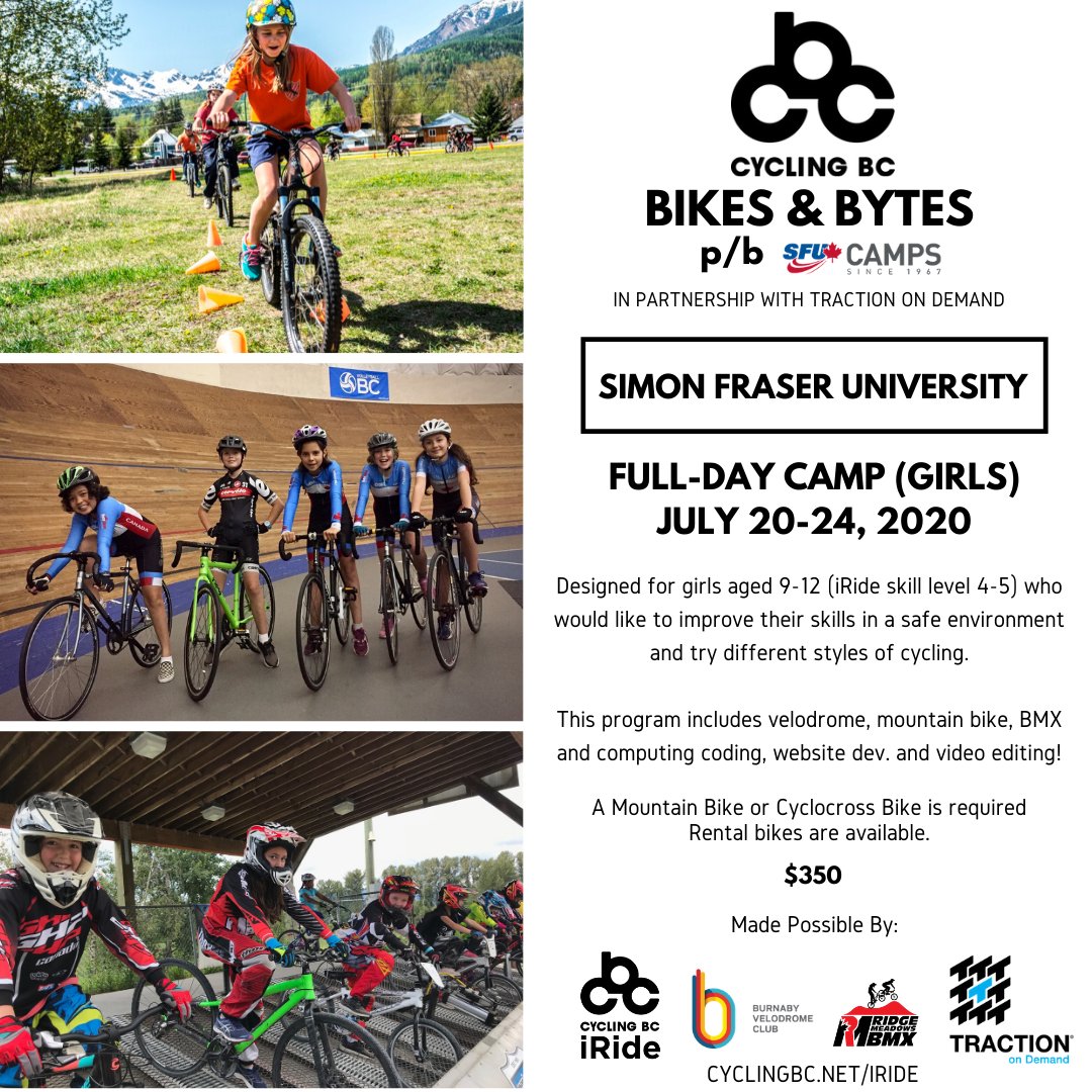 CyclingBC's tweet photo. Bikes &amp; Bytes for girls 9-12 years gives riders an opportunity to try different types of cycling including track, bmx, and mountain bike. Plus the girls get to learn computer coding, web dev, and video editing. For more information go to https://t.co/jKvkg3IEBk https://t.co/5zJBjVR01V