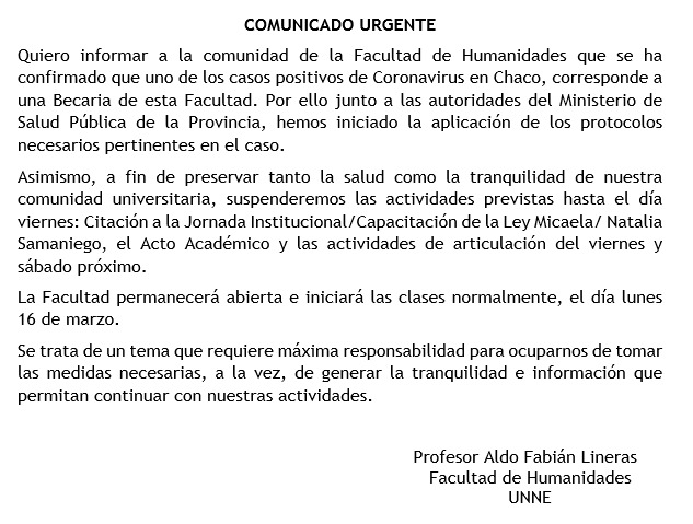 unneargentina's tweet photo. Información Importante ⚠️

Como medida preventiva, dispuesta por @HumanidadesUNNE y @ChacoSalud, la conferencia del doctor @FrancescPedroED prevista para este viernes se encuentra suspendida. https://t.co/22GOoQKunY