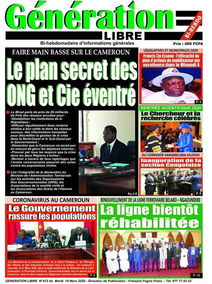 The national editor-in-chief has decided that the word of the day is "éventré" as Cameroon supposedly "rips open" a plot by human rights organizations to destabilize the country.  #gutterpress  #journalism