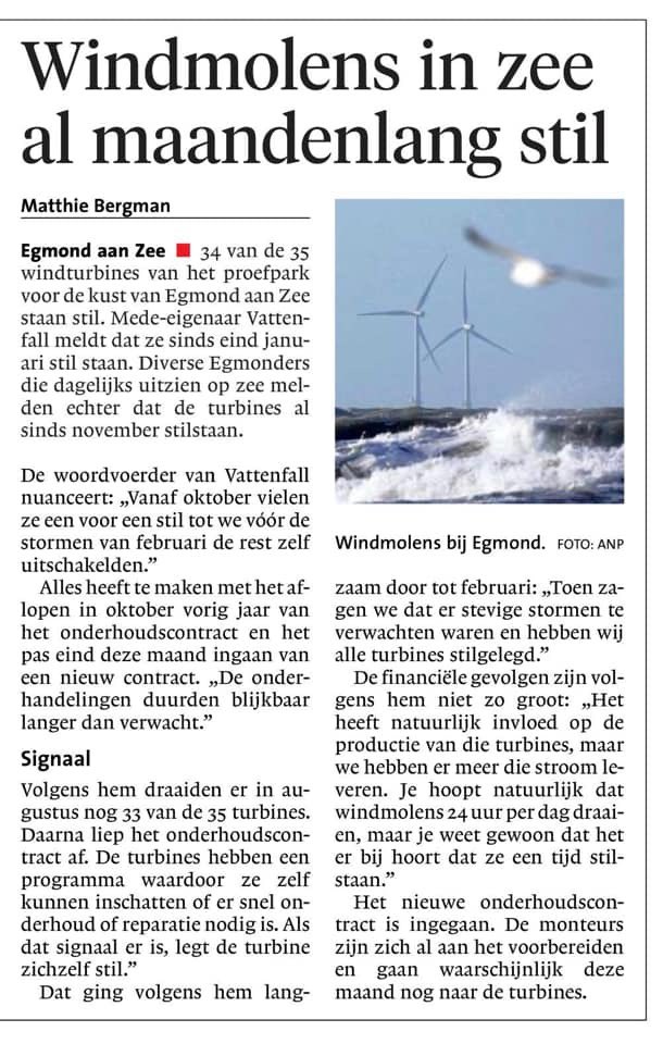 34/35 Vattenfall windturbines, at Egmond aan Zee are not operating > 2 months because a new maintenance contract was negotiated on time.  How could this have happened? Can Vattenfall afford wind turbines to stand still for more than 3 months? <a href="/VattenfallNL/">Vattenfall Nederland</a> #procurement