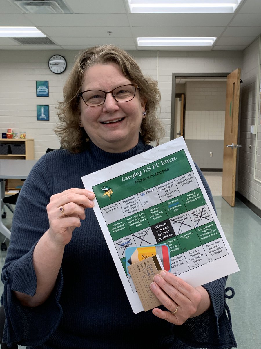 DrFishTeaches's tweet photo. We have a BINGO! Congratulations to Jeanne Power, who earned a gift card to Target for her learning. #SaxonSuccess Thanks to @LangleyHS_PTSA for sponsoring PD Bingo! https://t.co/BUJNGqnL2x