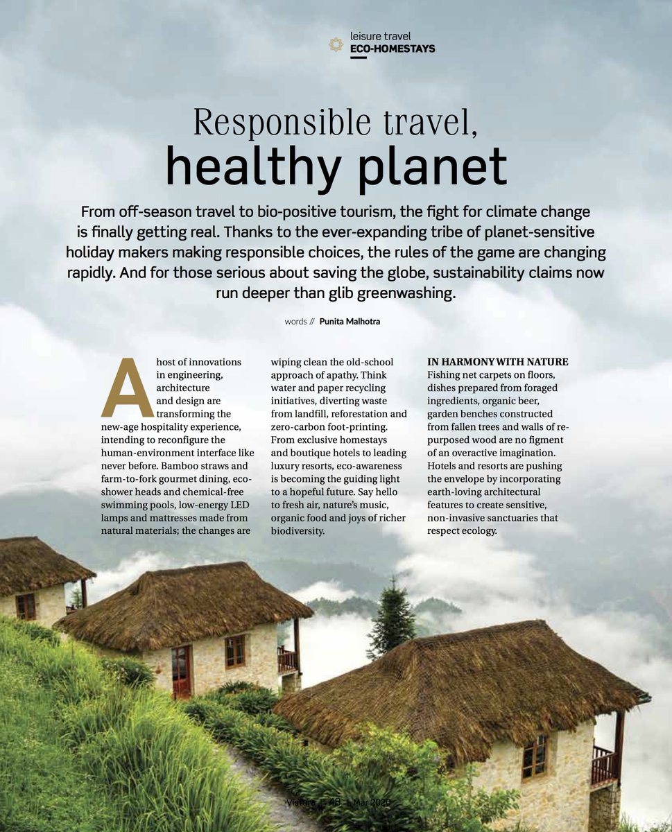 100cobbledroads's tweet photo. #PublishedElsewhere #TravelWriter #BeyondTheBlog
From exclusive home-stays and boutique hotels to leading luxury resorts, eco-awareness is becoming the guiding light to a hopeful future. Catch my latest article for the Mar 2020 issue of @Vistara. https://t.co/tAIOcduxAn
