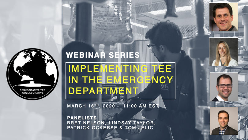 ResusTEEproject's tweet photo. .The Resuscitative TEE Collaborative (a @ResusTEEproject initiative) is launching a series of educational #webinars. Join the first one next Monday 3/16 11am EST 

Implementation of #ResusTEE in the ED
https://t.co/7HdBCrChbu

ping @acepccmsection @ACEP_EUS @ACEPNow @emresidents https://t.co/x0nf8HDF82