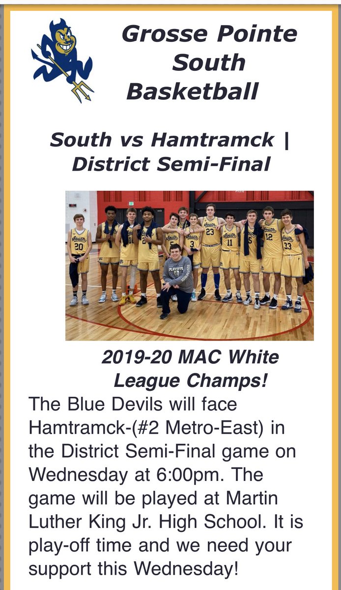 GPS Boys Basketball (@gpsbasketball) on Twitter photo Blue Devil fans we need your support this Wednesday... <a href="/gpsdevilsden/">GPS Devil’s Den 😈🔱</a> @SOUTHBLUEDEVILS <a href="/MACSports1986/">Macomb Area Conference</a> <a href="/CandGSports/">CandGSports</a> <a href="/GPNEWSpaper/">Grosse Pointe News</a> <a href="/GrossePteTimes/">Grosse Pointe Times</a> @ Blue Devil fans we need your support this Wednesday... <a href="/gpsdevilsden/">GPS Devil’s Den 😈🔱</a> @SOUTHBLUEDEVILS <a href="/MACSports1986/">Macomb Area Conference</a> <a href="/CandGSports/">CandGSports</a> <a href="/GPNEWSpaper/">Grosse Pointe News</a> <a href="/GrossePteTimes/">Grosse Pointe Times</a> @