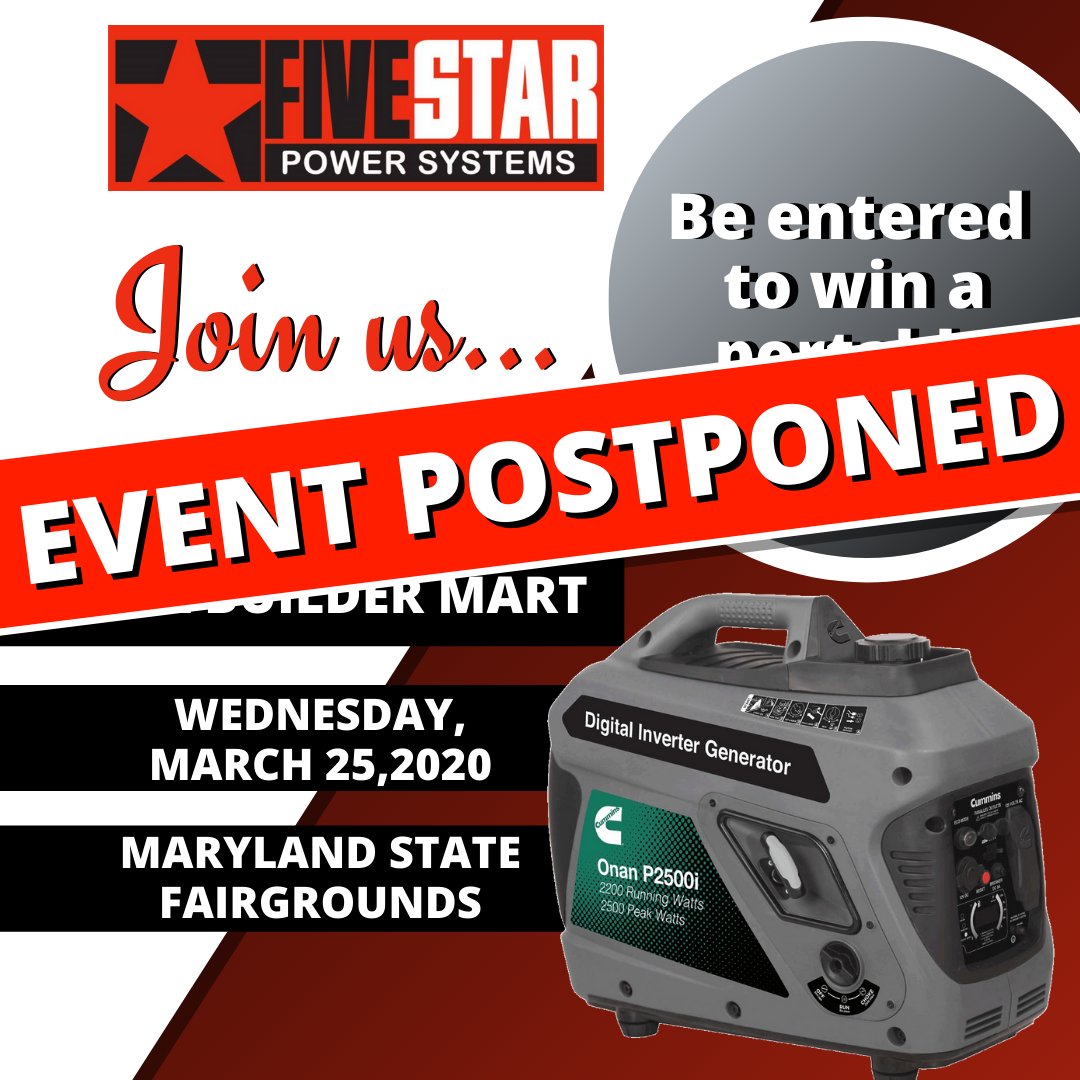 FiveStarPower's tweet photo. We're sorry to announce the MBIA Builder's Mart has been postponed until September.  We will keep you up to date with new event information as we receive it. https://t.co/YAklfpYdgY