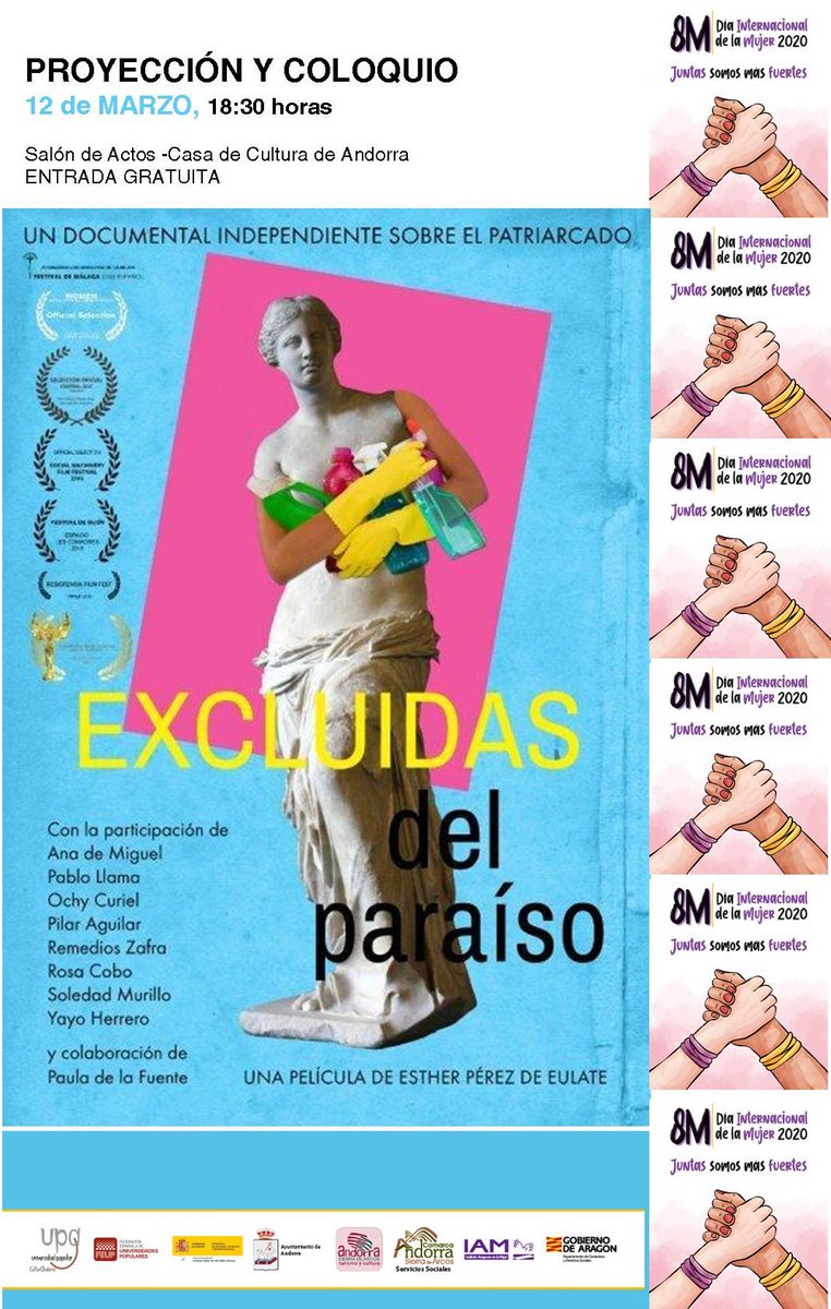 CULTURANDORRA's tweet photo. 12 de MARZO, jueves 18:30 h.-Casa de Cultura de Andorra.

🎞️ PROYECCIÓN documental EXCLUIDAS DEL PARAÍSO. Posterior coloquio con Esther Pérez de Eulate, directora.

*Con ESPACIO CANGURO.

Organiza: Mesa Comarcal de Prevención y Erradicación de la Violencia hacia las Mujeres. https://t.co/wyiQbvDYg7