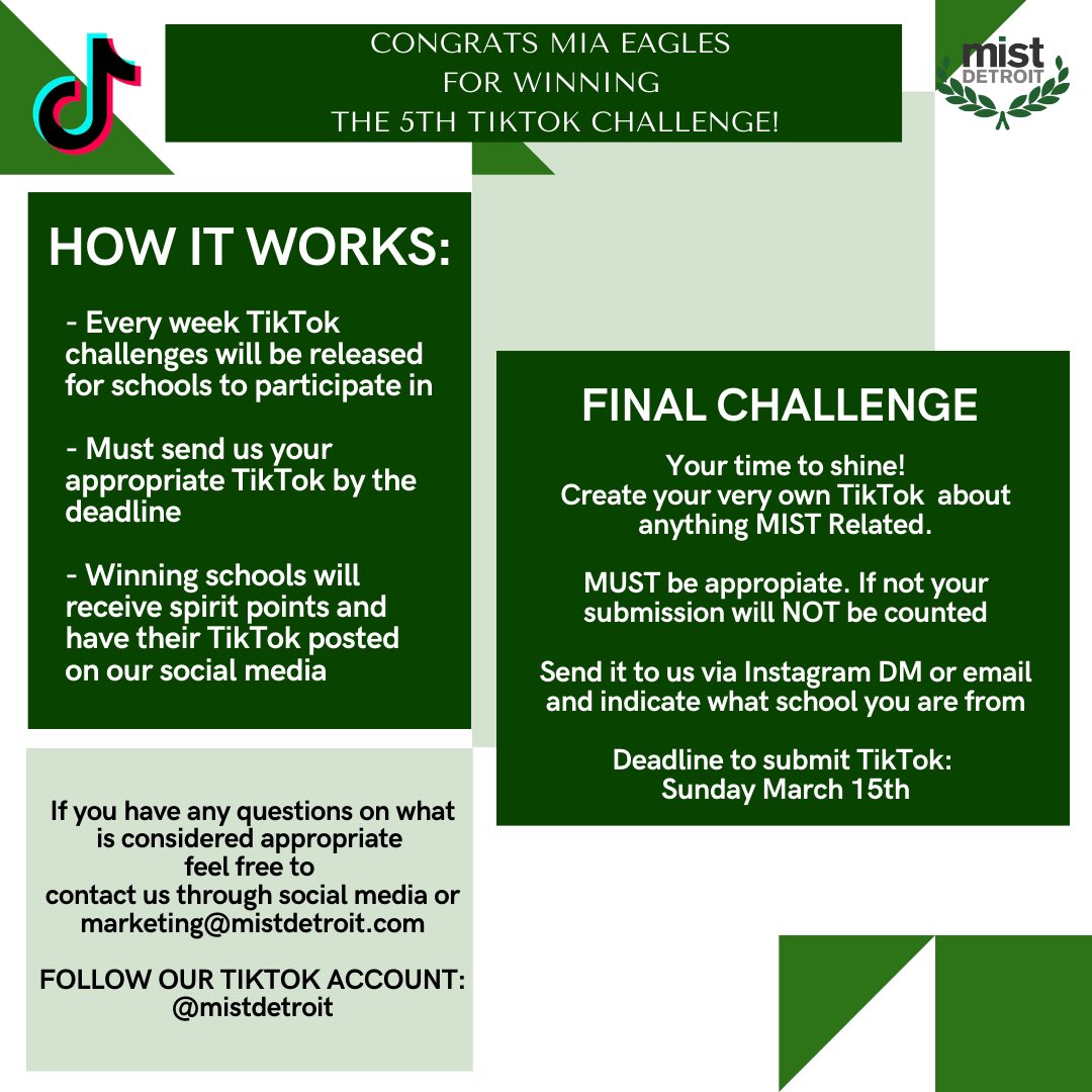 Congrats to MIA Eagles for winning the 5th TikTok Challenge! Sad to say but this will be our FINAL TIKTOK CHALLENGE so make sure your school participates. Every submission WILL RECEIVE SPIRIT POINTS and the winning team WILL RECEIVE DOUBLE SPIRIT POINTS! Don’t miss out!!