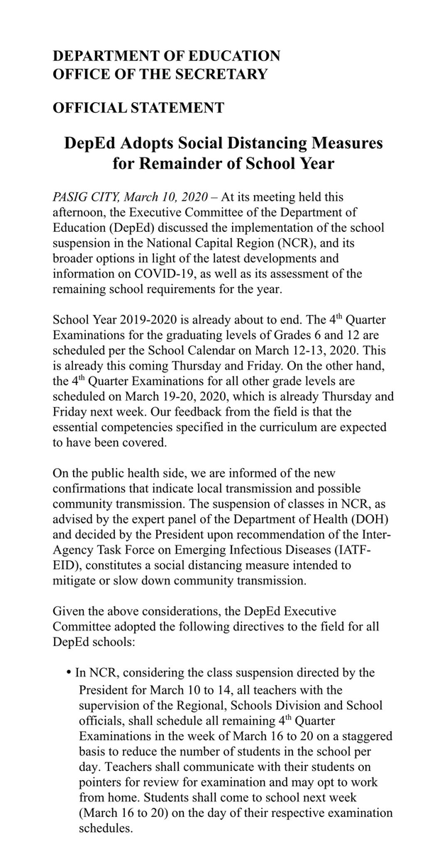ABSCBNNews's tweet photo. DepEd releases new guidelines for the rest of the school year amid #COVID19 threat, adopts “social distancing measures,” including scheduling 4th quarter exams from March 16-20 on a staggered basis to reduce number of students in school in NCR. | via @Jasmin_Romero https://t.co/1CemMjw7o4