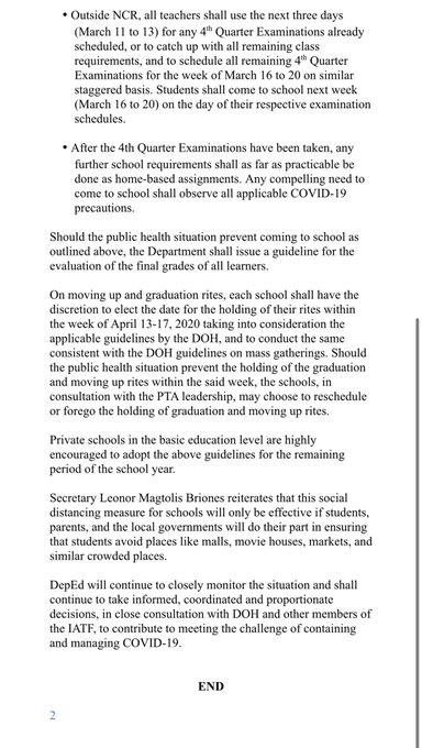 ABS-CBN News (@abscbnnews) on Twitter photo DepEd releases new guidelines for the rest of the school year amid #COVID19 threat, adopts “social distancing measures,” including scheduling 4th quarter exams from March 16-20 on a staggered basis to reduce number of students in school in NCR. | via <a href="/Jasmin_Romero/">Jasmin Romero🇵🇭</a> DepEd releases new guidelines for the rest of the school year amid #COVID19 threat, adopts “social distancing measures,” including scheduling 4th quarter exams from March 16-20 on a staggered basis to reduce number of students in school in NCR. | via <a href="/Jasmin_Romero/">Jasmin Romero🇵🇭</a>