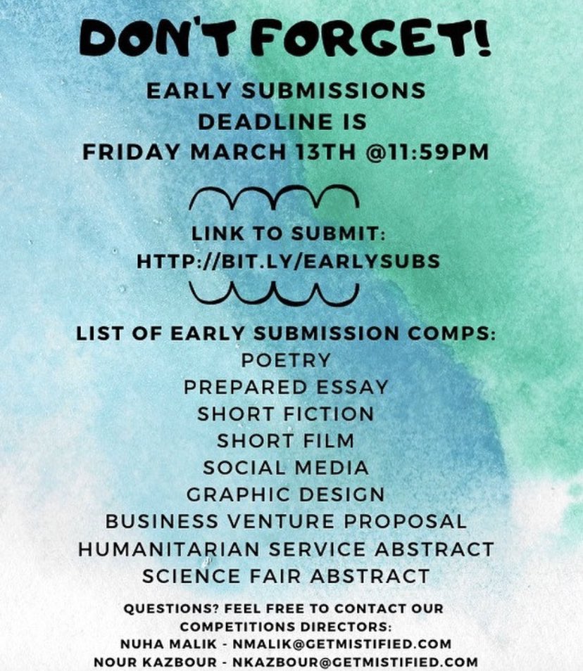 Early Submissions are DUE THIS FRIDAY at 11:59pm! Make sure to submit before the deadline and if you have any questions feel free to reach out to our competition directors!