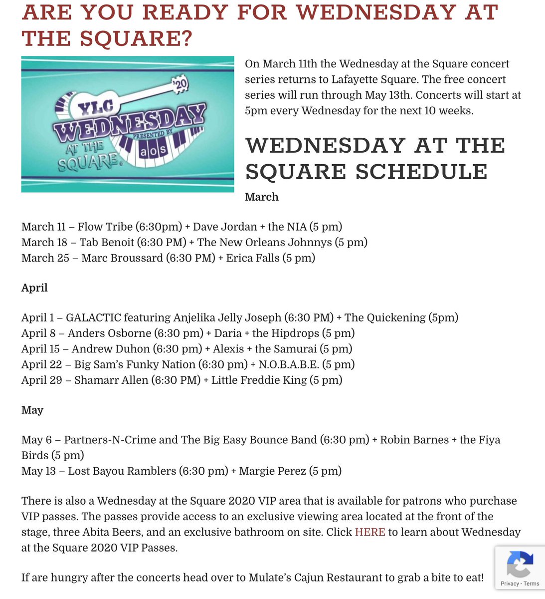 Mulates's tweet image. On March 11th the Wednesday at the Square concert series returns to Lafayette Square. After the concerts head over to Mulate’s and grab a bite to eat!