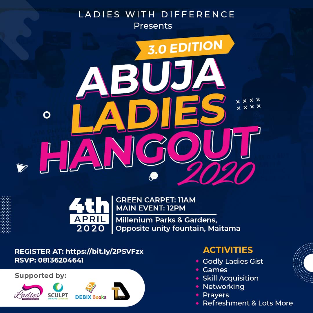 DEBIX_Ifeoluwa's tweet photo. ABUJA LADIES HANGOUT 2020 is here! Event is FREE!
Register through this link 👉 https://t.co/YCdx0e8w0T
#event #free #FemaleMatters #AbujaTwitterCommunity #Ladies #Abuja #Nigeria https://t.co/mbEVzjZGa4