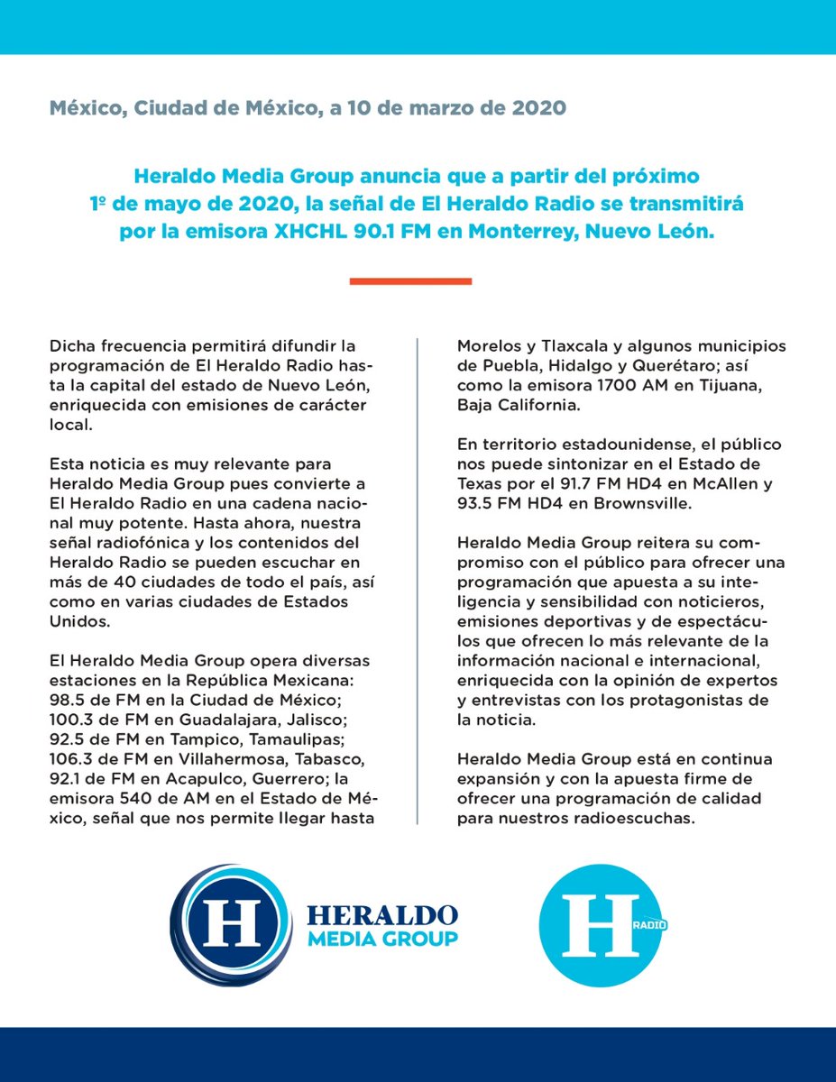 heraldodemexico's tweet photo. #ATENCIÓN | En El Heraldo Media Group estamos en continuo crecimiento, por eso, a partir del próximo 1º de mayo nuestra señal se transmitirá por el 90.1 FM en Monterrey, Nuevo León ¡Sintonízanos! 📻 https://t.co/iEMW8ZUuH0