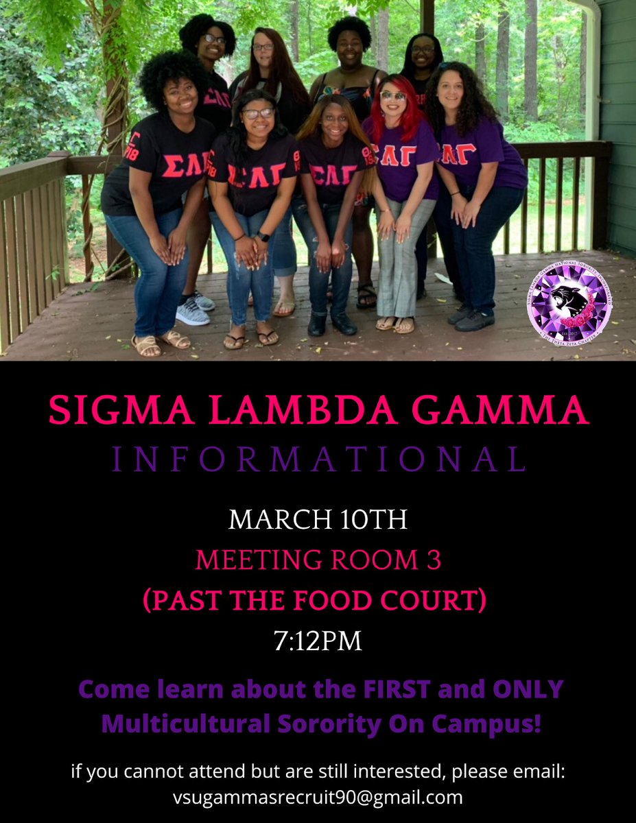 vstategammas's tweet photo. TONIGHT! Come out to our informational tonight as well to learn more about our distinct sisterhood. Come see how you can be apart of impactful events like our Women’s March 💕💜 #vstategammas #ΣΛΓ https://t.co/7h7CotmhH1