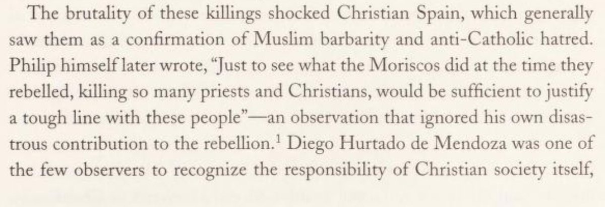 in 1568, the moriscos rebelled and took many towns. killed thousands of christians. they had support from muslims in north africa & had all stayed loyal to islam after a hundred years. the rebellions' brutality shocked christian spain. it was crushed brutally
