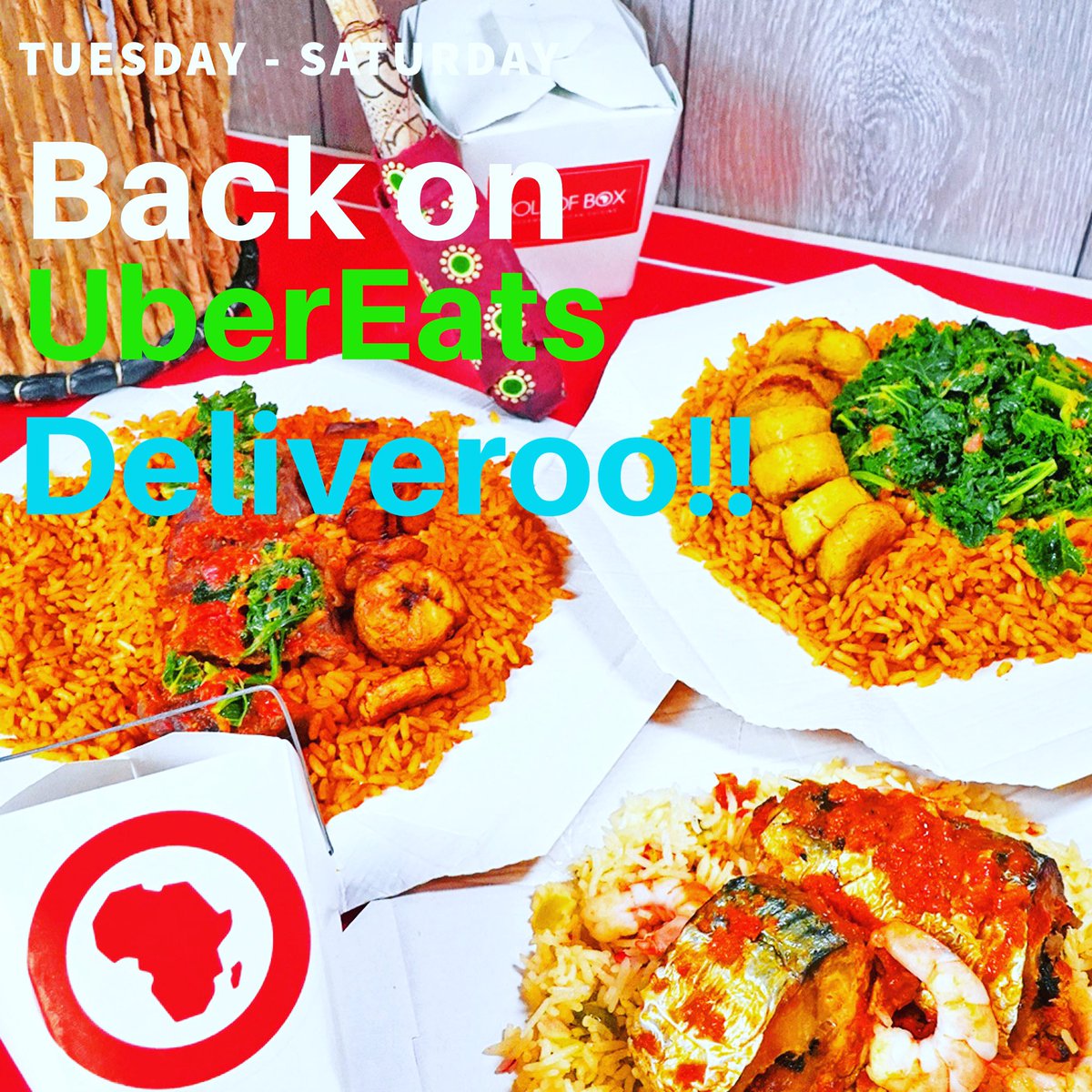 We’re back on UberEats in the NW11 London . Tues-Sat, 12pm-3pm &amp; 5pm-10pm. While we relocate you can still get your JollofBox fix!!! #food #fooddelivery #africa #nigeria #londoneats #london #timeoutlondon  #food #foodie #vegan  #jollof   #africanfood  #ukbusiness #ubereats #halal