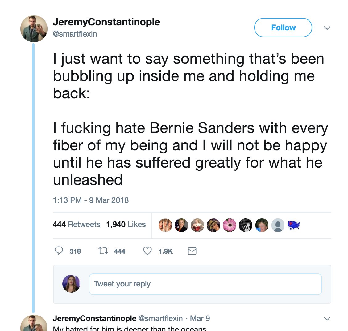 Here's another "friend" of Neera Tanden, with whom shse's pictured below, who has been banned from twitter, understandably, for saying "bernie woulda choked on my d*ck" how he wants bernie to "suffer":  @smartflexin (18/?)