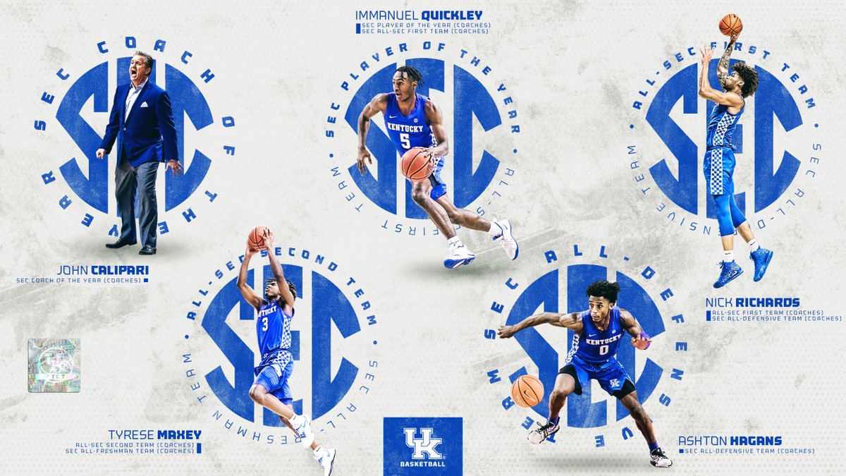 The <a href="/SEC/">Southeastern Conference</a> champs dominated the SEC awards. 

<a href="/IQ_GodSon/">Immanuel Jaylen Quickley</a> - SEC POY, All-SEC 1st Team

<a href="/iamnickrichards/">Nick Richards</a> - All-SEC 1st Team, All-Defensive Team

<a href="/TyreseMaxey/">Tyrese Maxey</a> - All-SEC 2nd Team, All-Freshman Team

<a href="/H23Ash/">ashton hagans</a> - All-Defensive Team

<a href="/UKCoachCalipari/">John Calipari</a> - SEC COY

🖇 bit.ly/UK_SECAwards