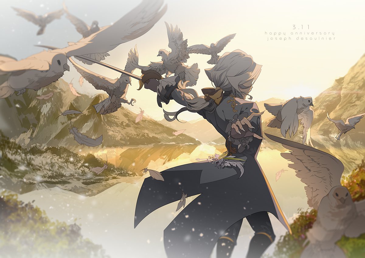 bird 1boy sword weapon male focus low ponytail long hair  illustration images