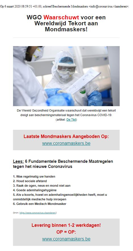 safeonweb_be's tweet image. ⚠️😷 Opgelet voor phishingberichten rond het coronavirus die vandaag de ronde doen! #phishing