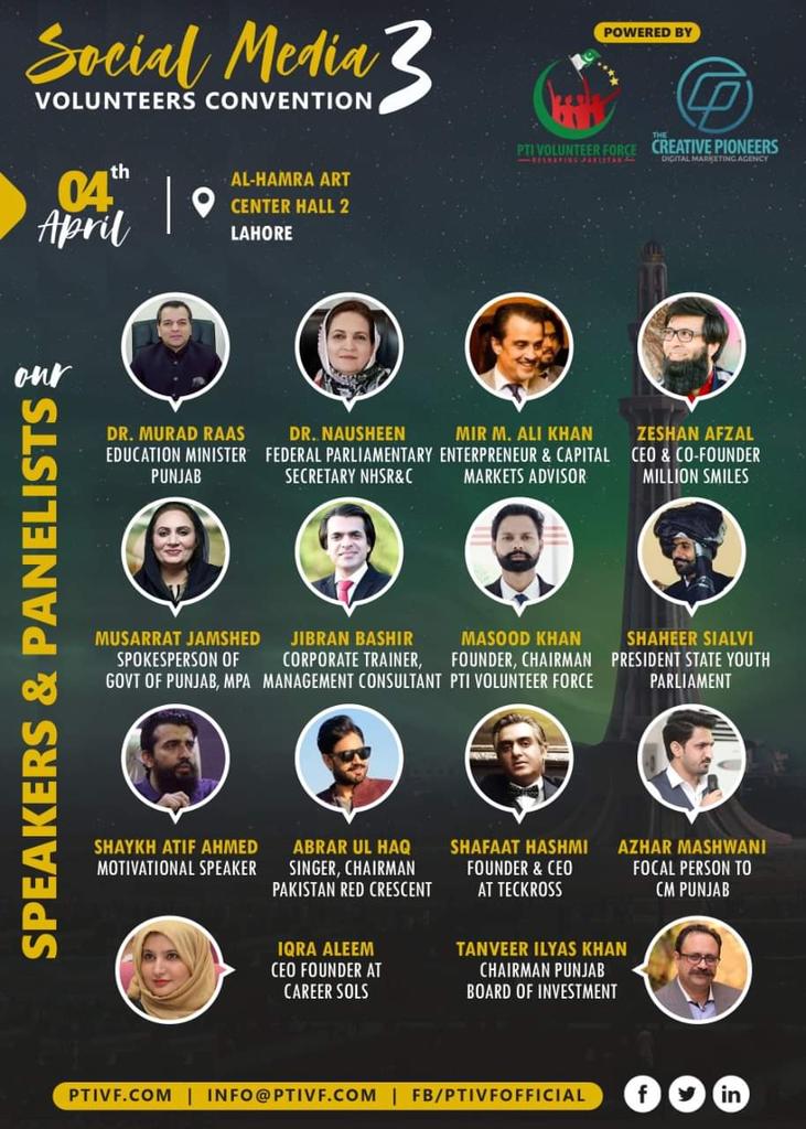 AyeshaArooj172's tweet photo. Mark the date of the biggest convention #SMVC 3.0 arranged by largest youth network #PTIVolunteerForce.
All these speakers and panelists are our respectful Guests for the event who are very skillful in their respective fields.
Get yourself registered👇
https://t.co/Kv43XKRaOm https://t.co/7BVAyZ5dZn