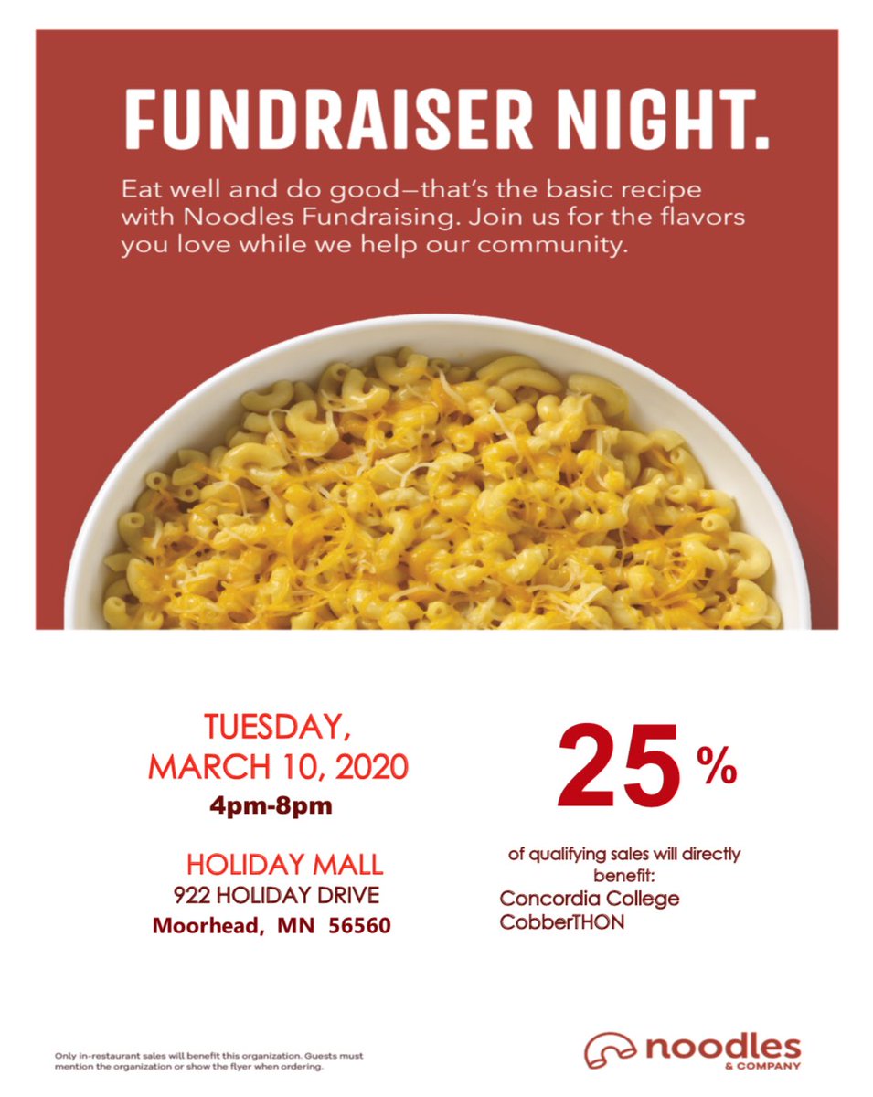 ConcordiaDM's tweet photo. Today is the day! Head over to Noodles and Company in Moorhead between 4pm-8pm and mention “CobberTHON” at the register. Go and enjoy some noodles #FTK!✨ https://t.co/SwsQF7qq4P