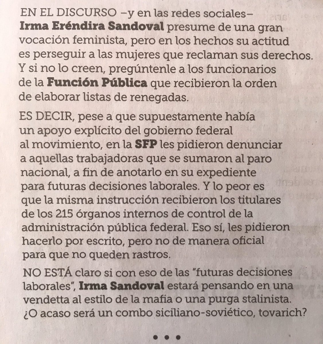 DeniseDresserG's tweet image. Ojo: @Irma_Sandoval exigió que funcionarios entregaran listas de mujeres que se sumaron al paro ayer, para “futuras decisiones laborales”. ¿Así el feminismo de la 4T? Represalias, purgas y vendettas personales que nada tienen que ver con ayudar a las mujeres.
#UnDiaSinMujeres