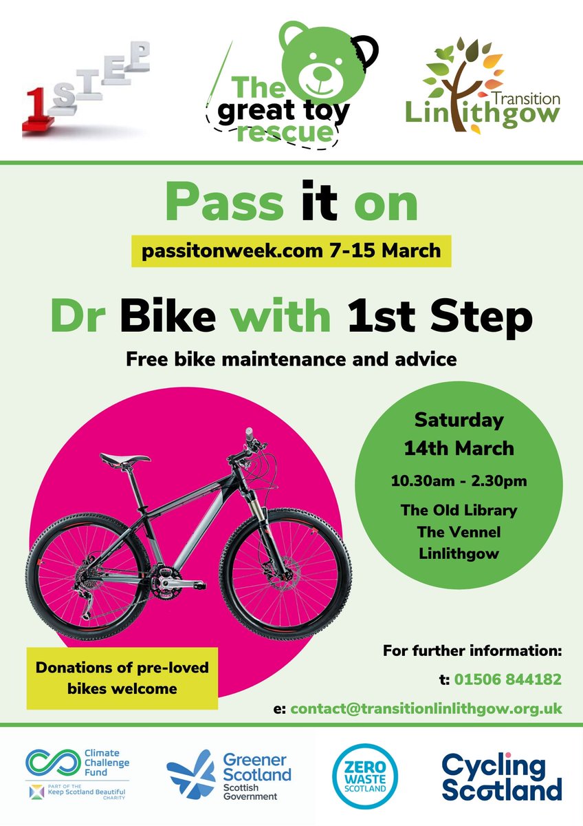 LinlithgowATH's tweet photo. @LowPortPS @FriendsofLPPS Transition Linlithgow is holding a Free Cuddly Toy Hospital &amp; Dr Bike repair service on Saturday at the Old Library.  Bring along soft toys &amp; bikes that need TLC! We are also accepting donations of soft toys and old bikes to pass on to charities. https://t.co/JdW5WcajBM