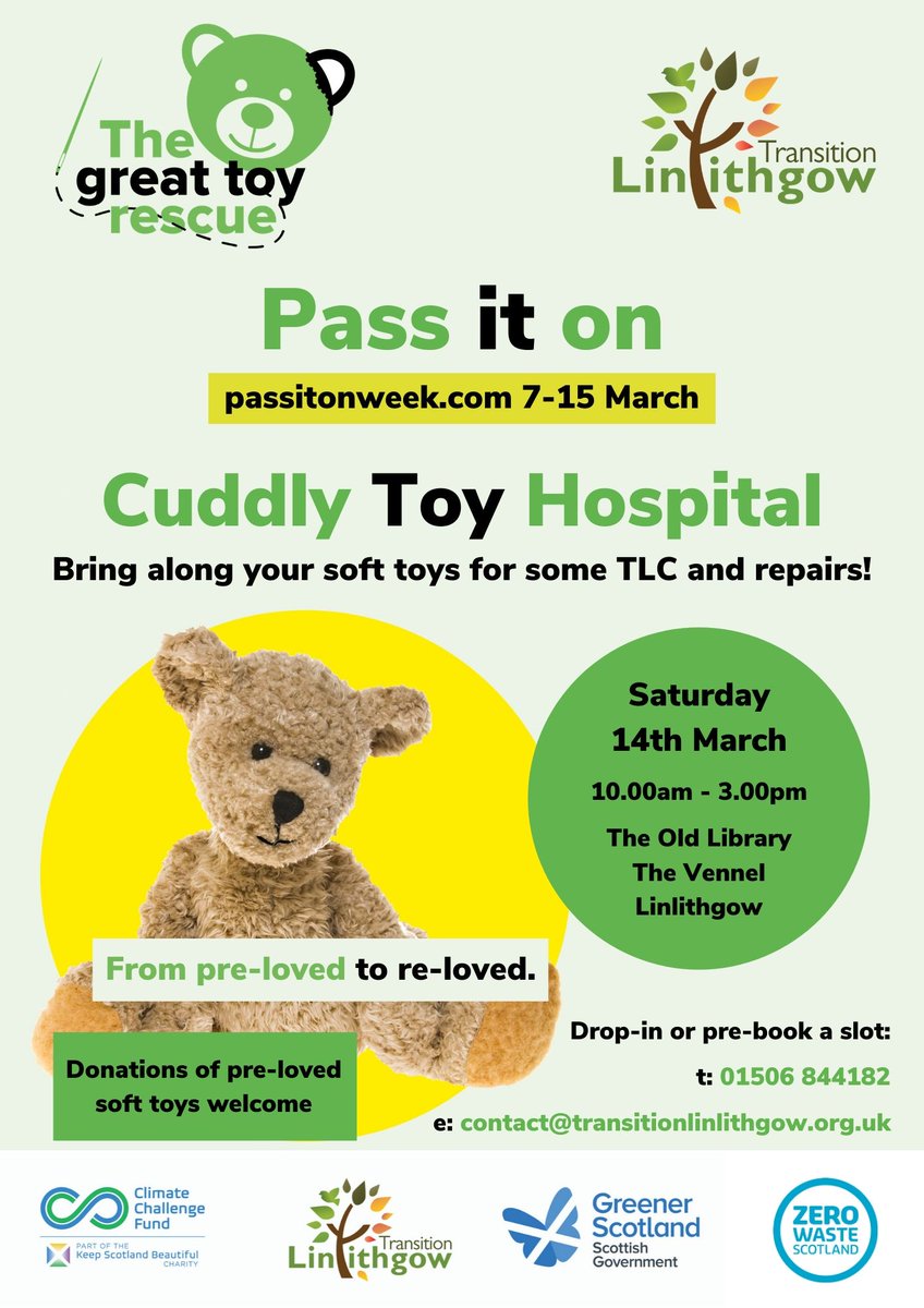 LinlithgowATH's tweet photo. @SaintJosephsRC Transition Linlithgow is holding a Free Cuddly Toy Hospital &amp; Dr Bike repair service on Saturday at the Old Library.  Bring along soft toys &amp; bikes that need TLC! We are also accepting donations of soft toys and old bikes to pass on to charities. https://t.co/1SPLQf0jAM
