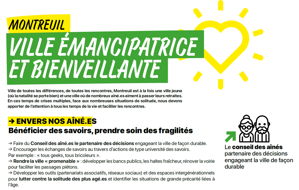 EELVmontreuil's tweet photo. Pour les jeunes de #Montreuil comme pour nos aînés, nous voulons faire vivre toutes les générations, avec les forces, énergies, capacités et fragilités de chacun. 
VOICI LES 10 PROPOSITIONS portées par @MirAlphonse et @EcoloResp2020 le 15 mars prochain ! https://t.co/zEES3Fg6J2