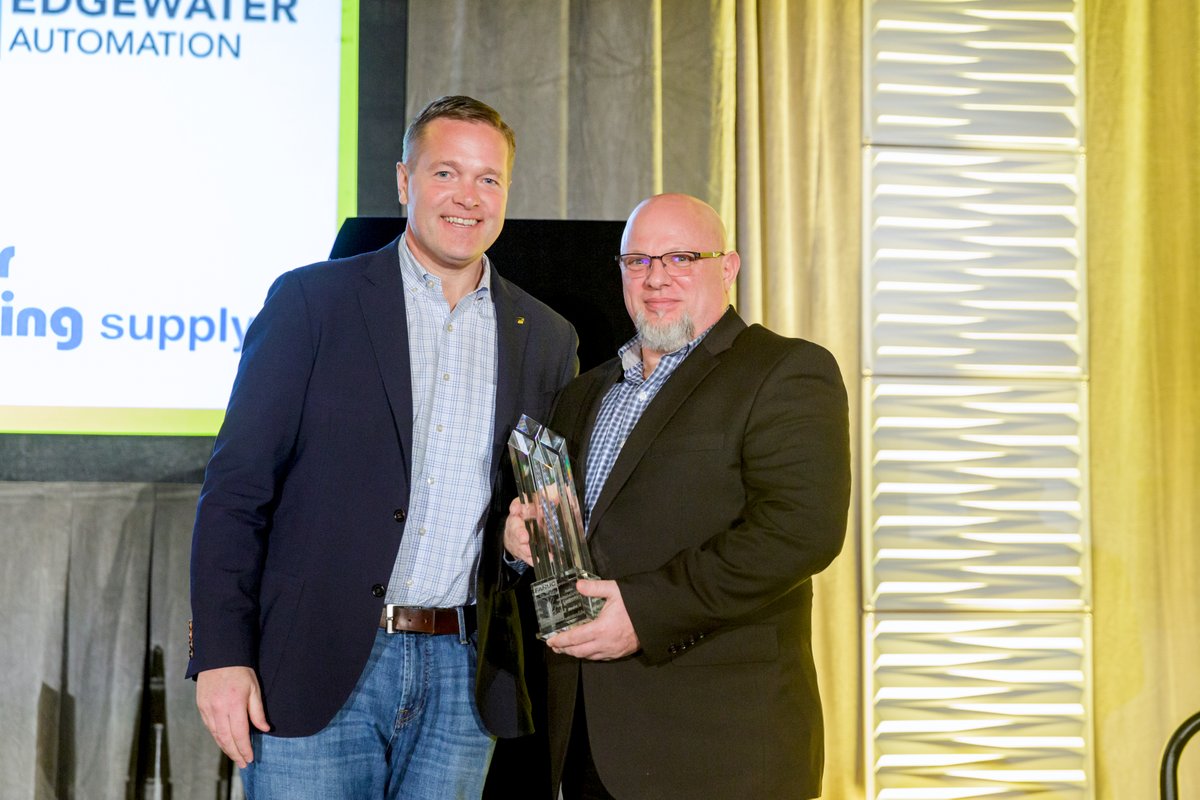 DelkorSystems's tweet photo. Honored to be Level 4 FANUC integrators! Here's Troy taking home the hardware. That's three FANUC awards for us at this year's ceremony! #FANUC #fanucrobotics #robotics #automation #tech #robot #packaging #equipment #delkorpackaging #delkor https://t.co/Jtus7d25J0
