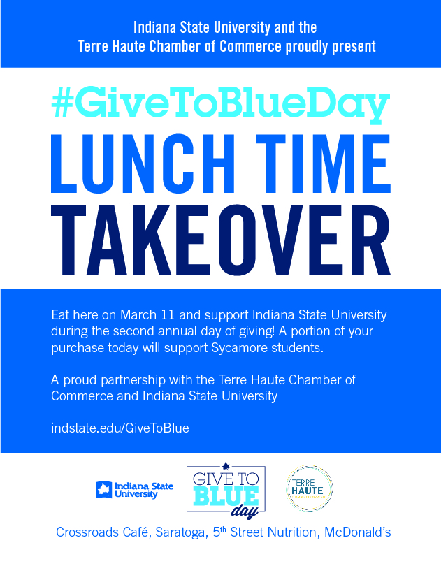 Tomorrow is GIVE TO BLUE DAY for <a href="/indianastate/">Indiana State University</a>. If you're interested in donating but don't know how, here's some info that may be useful to you. Tomorrow/11th, eat lunch at a participating restaurant with this flyer⬇️. A portion of the funds will go to support Sycamore students.