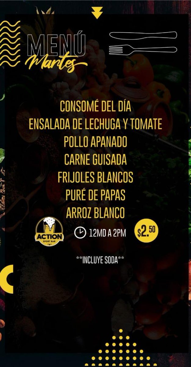 BarAction's tweet photo. Disfruta de nuestro #Menúejecutivo
A solo $2.50 incluye Soda @pepsi
@SantiagoSty @royalcasinosant

#MenuCompleto #AlmuerzosAction #MusicaDeporteYBebidas #DondeComer #EntreAmigos #MenuDiario #ActionSportBar https://t.co/hYFqZ9H2AU