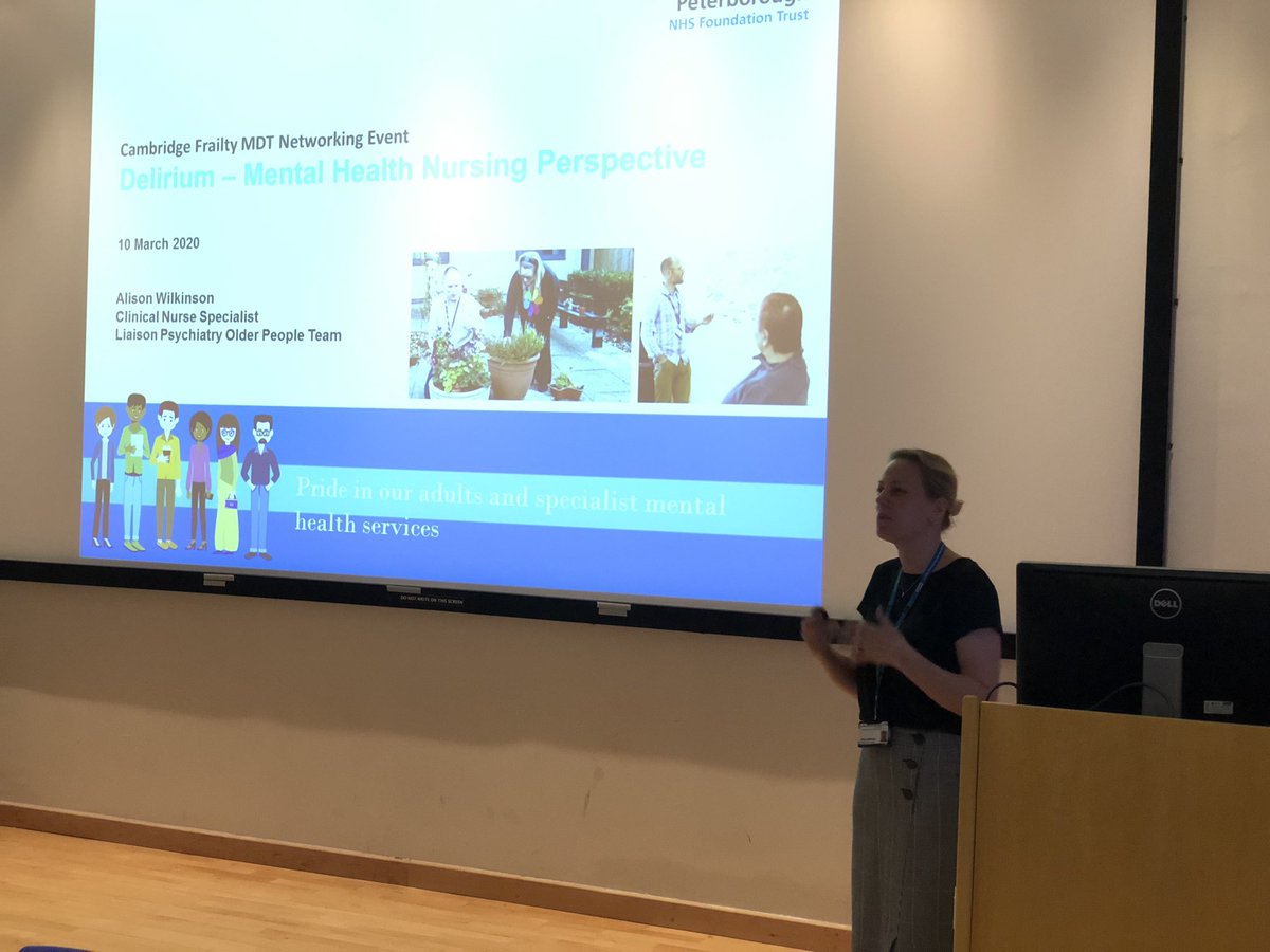 Fantastic presentations from Dr Van Der Poel, Consultant Geriatrician <a href="/CUH_NHS/">Cambridge University Hospitals NHS</a> &amp; Alison Wilkinson Liaison Psych Nurse <a href="/CPFT_NHS/">CPFT</a> exploring the challenges faced in identification of Delirium, it’s management &amp; recovery in hospital #CambridgeFrailty