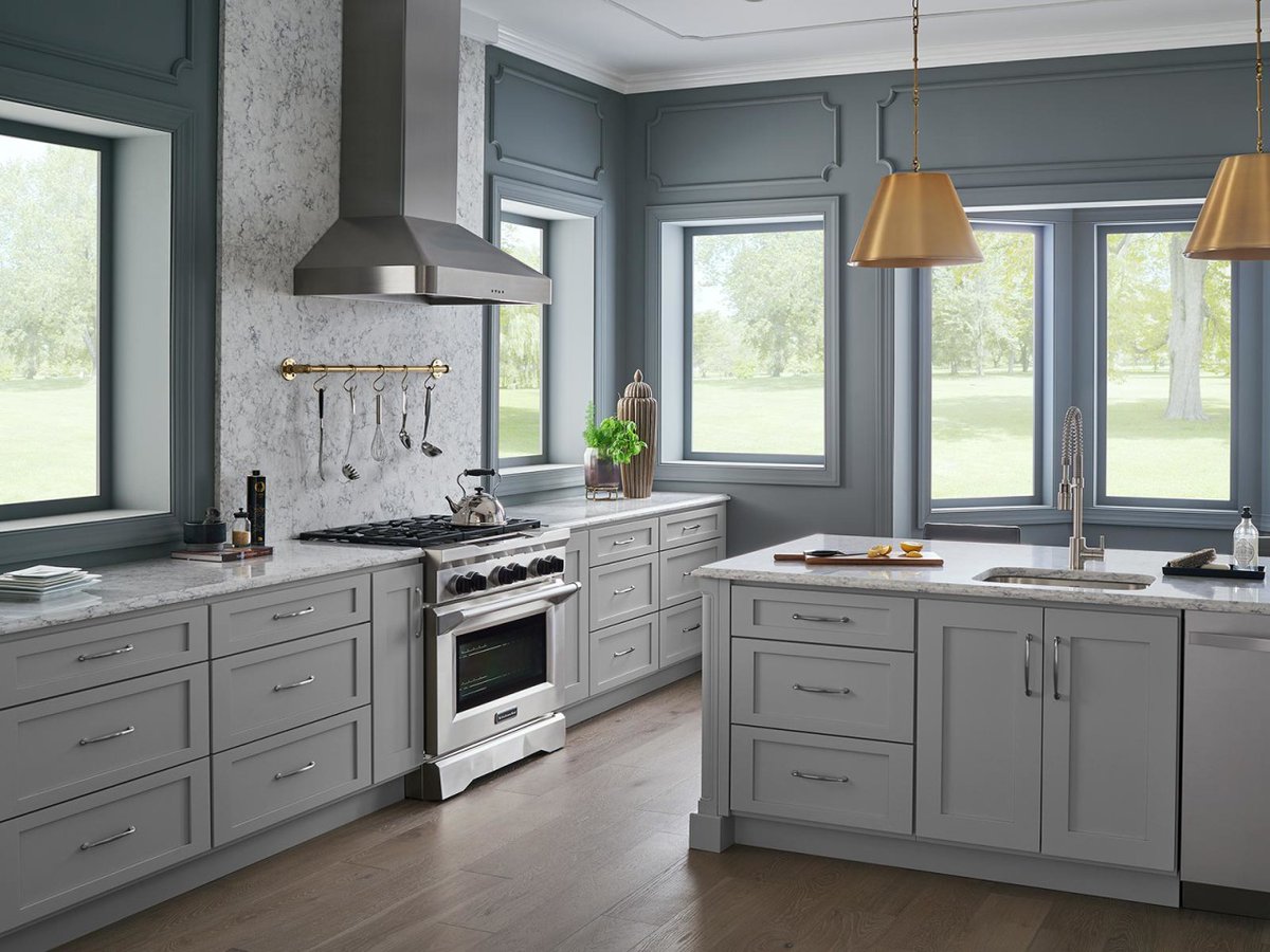 Soft gray and blue combine to make this kitchen a perfectly peaceful place to gather and enjoy some time together.

Take a closer look at this style at bit.ly/32d3SUh
#bertch #americanmade #kitchencabinets #usa