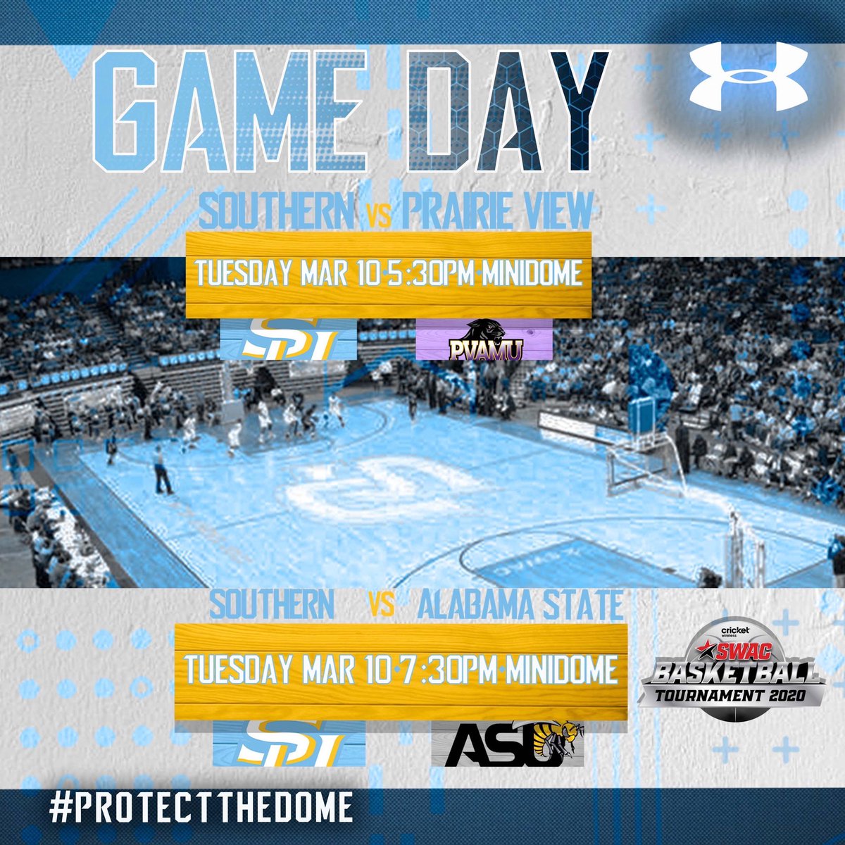 Jaguar Nation, It’s SWAC Tournament Time ‼️Come out TONIGHT for our Quarterfinals doubleheader! The Women’s tip off vs PVAMU at 5:30pm followed by the Men’s Tipoff vs Alabama State at 7:30pm!  Students get in free with ID! PACK THE DOME and Cheer your Jags to Victory