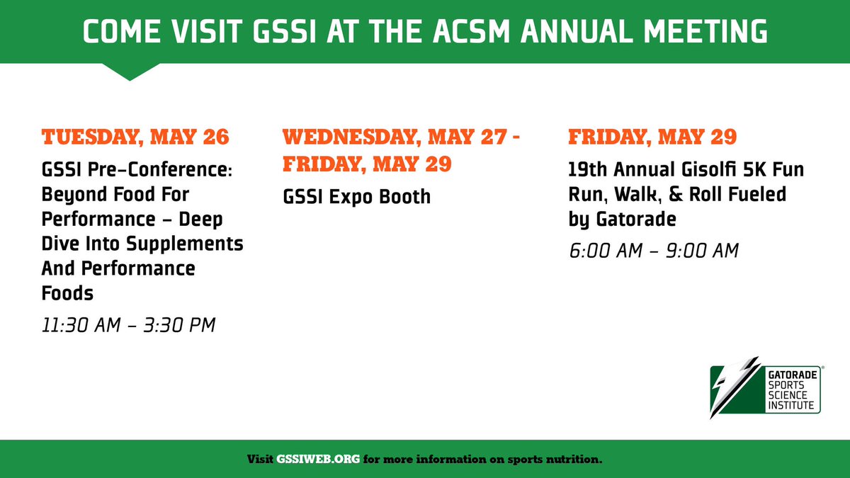 Are you going to ACSM Annual this year in San Francisco? Make sure to come to the #GSSI pre-con &amp; booth and join us for the Gisolfi 5K! Don’t forget to register for our pre-conference: bit.ly/39c4XOD Looking forward to seeing you there! #FueledbyScience