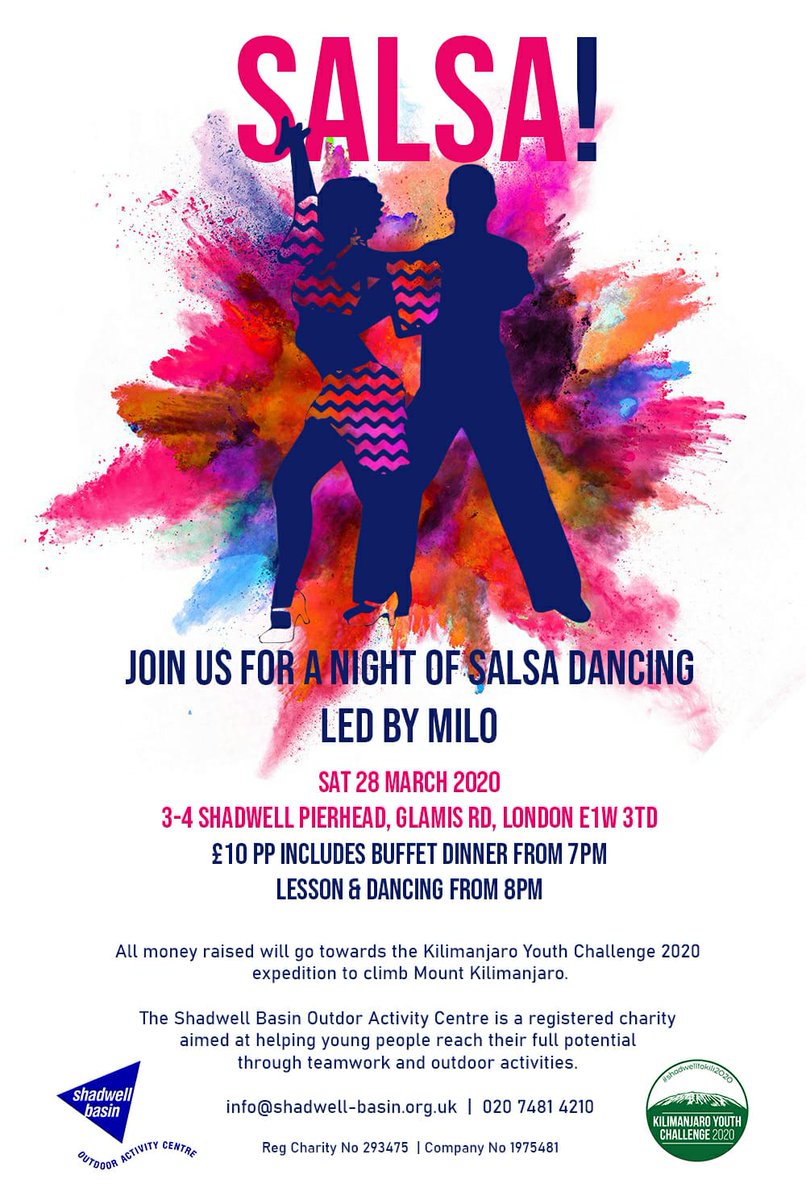 shadwellbasin's tweet photo. Join us on Saturday 28 March from 7pm for a fundraising night of salsa &amp; fun! Tickets cost £10, which includes a buffet &amp; dance class.  All proceeds will go towards the Kilimanjaro Youth Challenge @shadwelltokili - come &amp; join us - it will be great! https://t.co/zFoTy9caJm