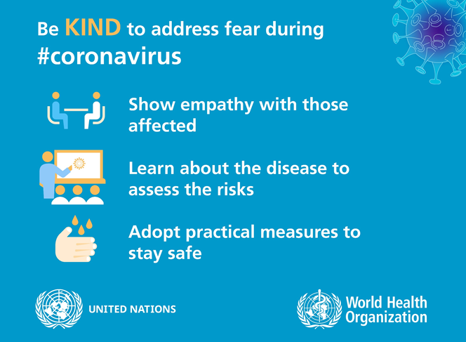 During a difficult time for our international community we will strive to circulate positive advice. Communication is always key - remember to show empathy with those directly or indirectly affected #COVID19 #coronavirus #BeKind 

Visit who.int/emergencies/di… for more advice.