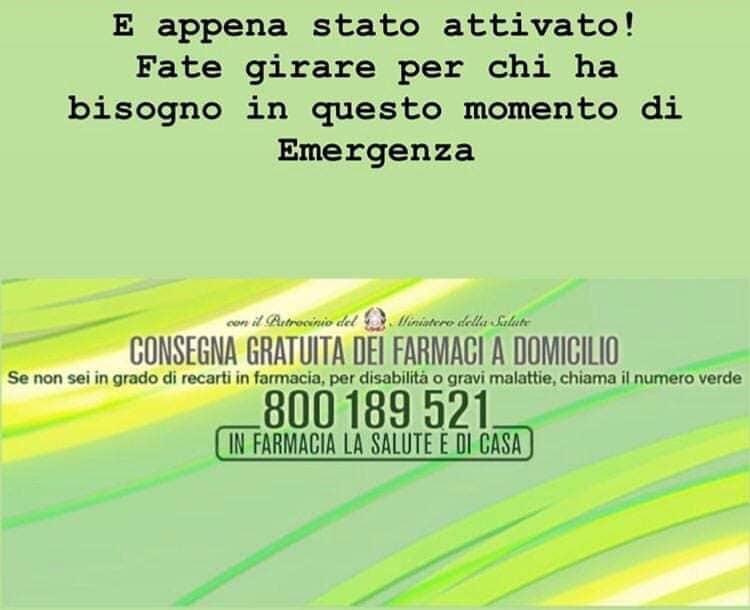 *** Se non sei in grado di recarti in farmacia per disabilità o gravi malattie ecco il numero verde da chiamare per la consegna GRATUITA.***
#coronavirus