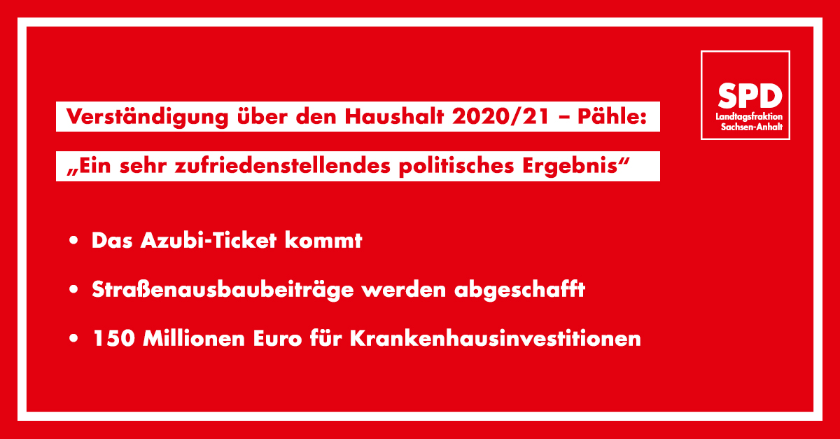 #Kenia-Koalition hat sich auf HH 2020/21 verständigt. <a href="/KatjaPaehle/">Dr. Katja Pähle</a>: "Wir haben wesentliche sozialdemokratische Vorhaben verankert: Das Land investiert kräftig in #Krankenhäuser. Am 1.1.2021 kommt das #Azubiticket. #Straßenausbaubeiträge werden abgeschafft"
spd-lsa.de/pressemitteilu…