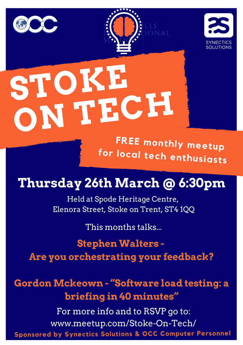 StokeOnTech_'s tweet photo. The next #StokeonTech #meetup is only 2 weeks away! 

We have Stephen Walters with his talk 'Are you orchestrating your feedback?" &amp; Gordon McKeown talking about 'Software load testing: a briefing in 40 minutes'

For further info and to RSVP please visit https://t.co/294bWezCms https://t.co/a7BdzSUXGo